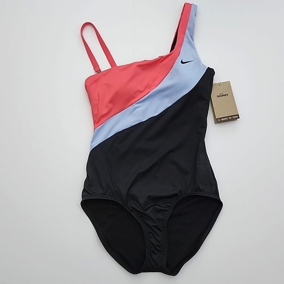 NIKE Women's Asymmetrical Swimsuit Colorblock Coral Pink Lavender Black Sz Small - Picture 4 of 16